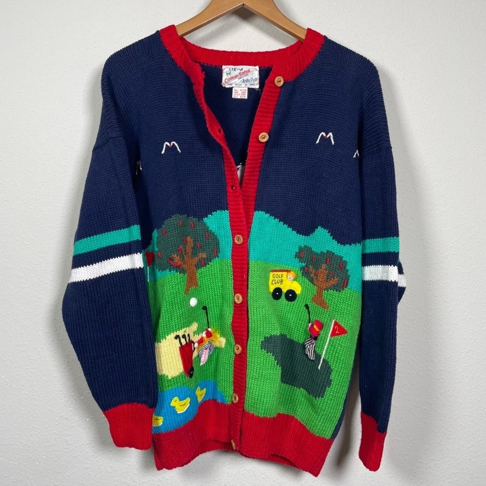 Golf Cardigan Women XL Grandmacore Kitschy Blue Hand Knit 3D Novelty Sweater